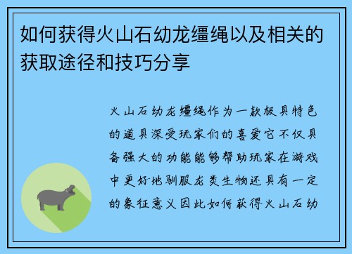如何获得火山石幼龙缰绳以及相关的获取途径和技巧分享